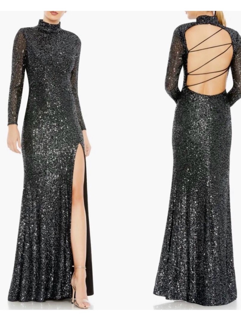 Mac Duggal Black Sequin High-Neck Backless Gown with Side Slit, size 4